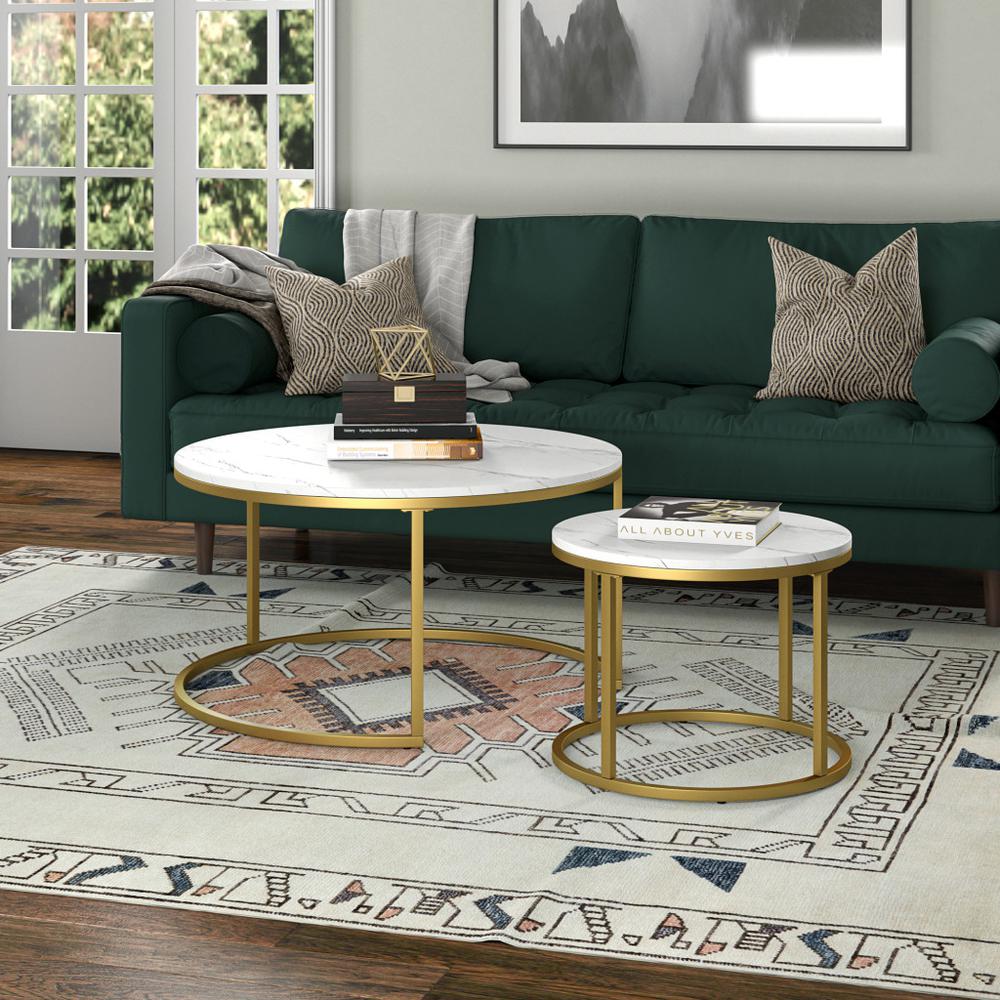 Set of Two 35" White And Gold Faux Marble And Steel Round Nested Coffee Tables. Picture 6