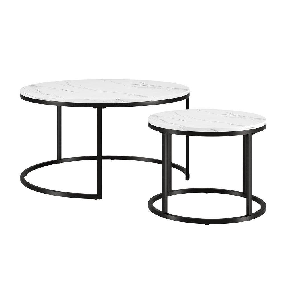 Set of Two 35" White And Black Faux Marble And Steel Round Nested Coffee Tables. Picture 3
