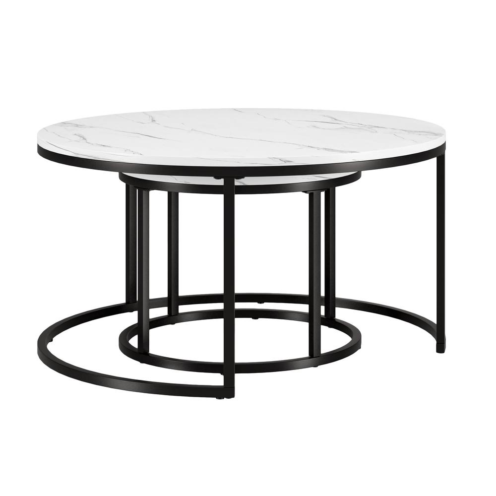 Set of Two 35" White And Black Faux Marble And Steel Round Nested Coffee Tables. Picture 1