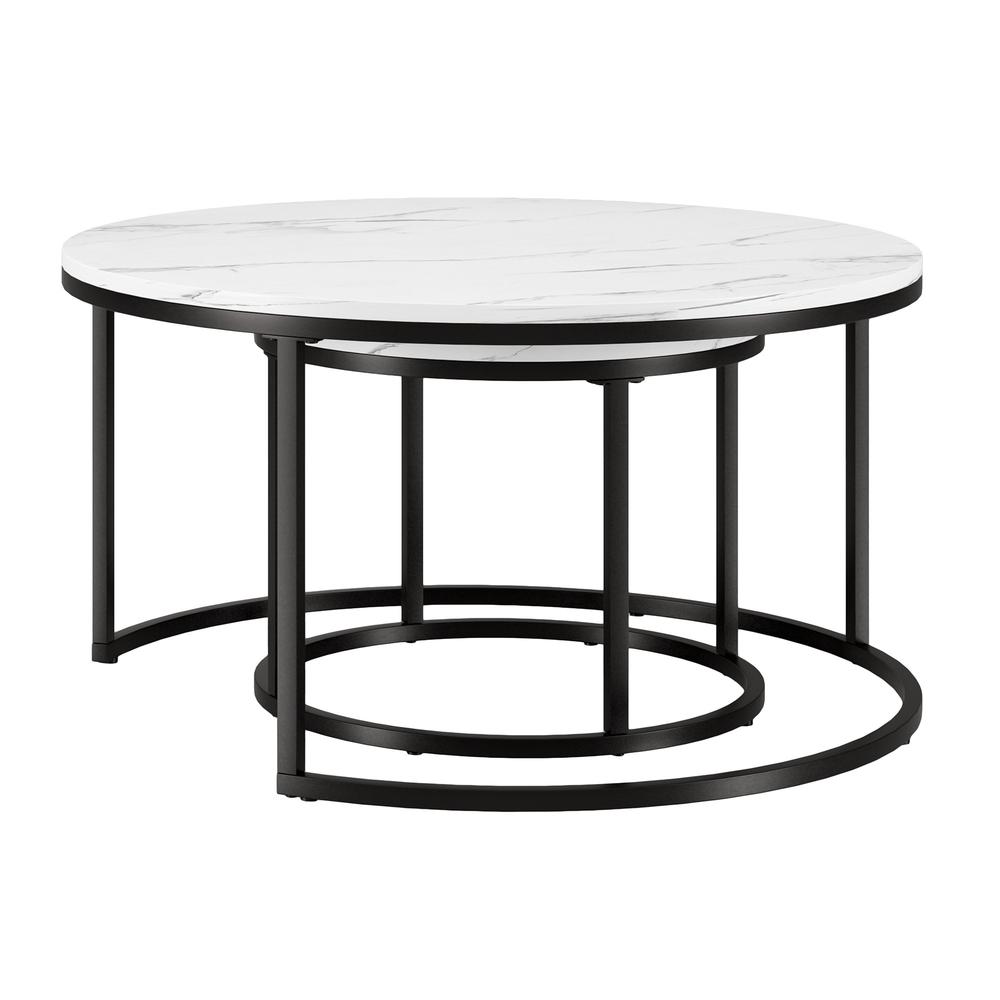 Set of Two 35" White And Black Faux Marble And Steel Round Nested Coffee Tables. Picture 2