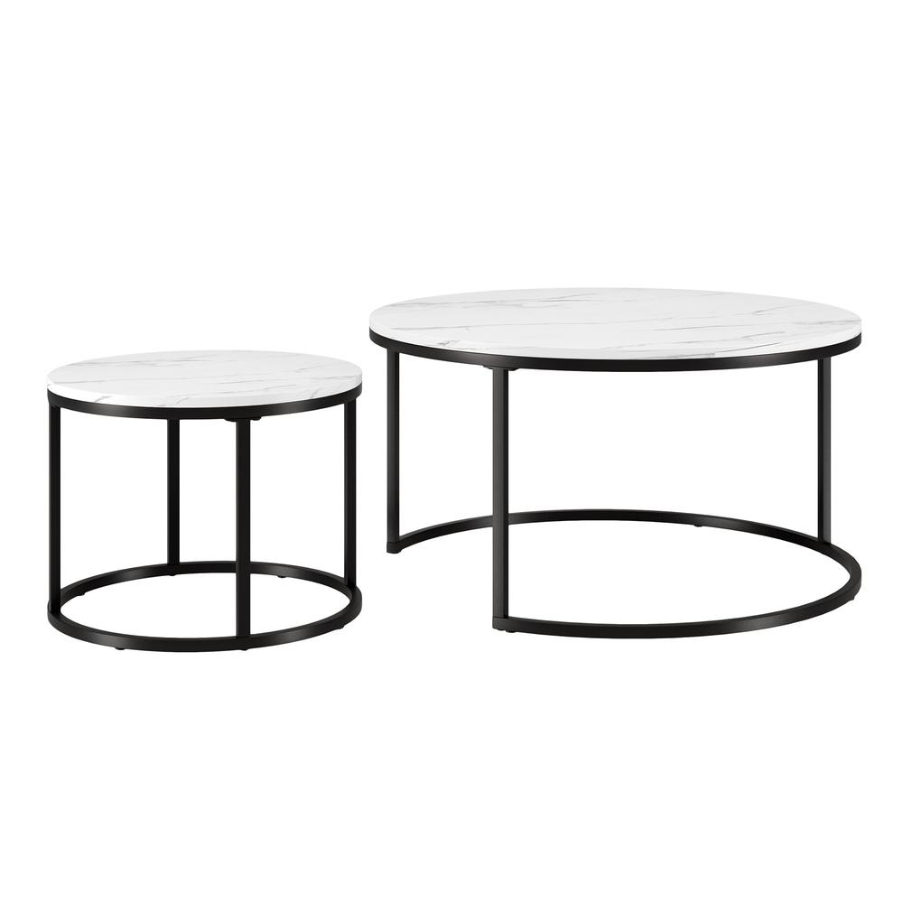 Set of Two 35" White And Black Faux Marble And Steel Round Nested Coffee Tables. Picture 4