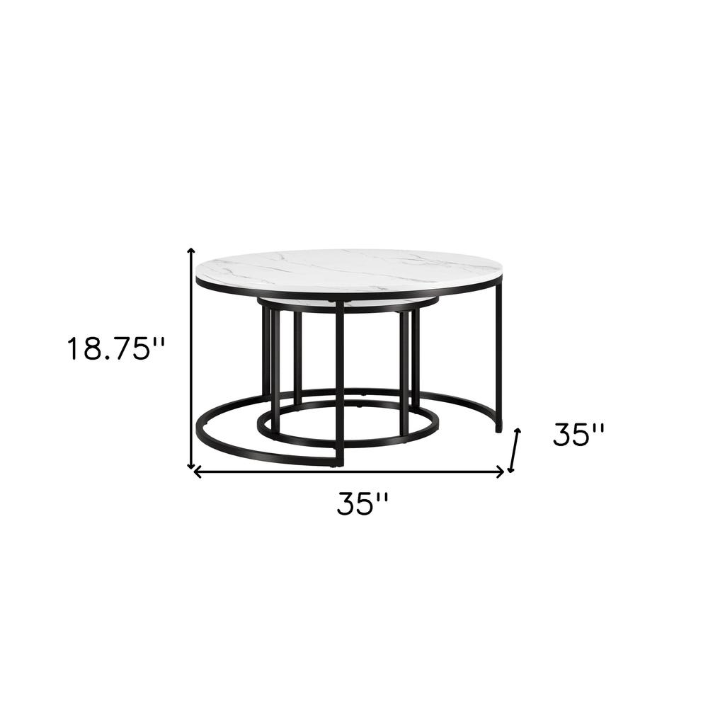 Set of Two 35" White And Black Faux Marble And Steel Round Nested Coffee Tables. Picture 6