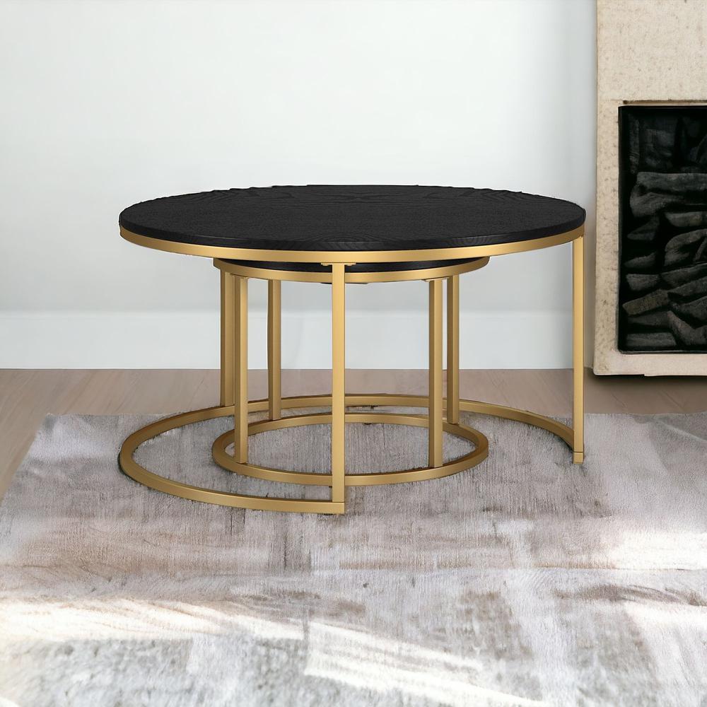 Set of Two 35" Black And Gold Steel Round Nested Coffee Tables. Picture 2