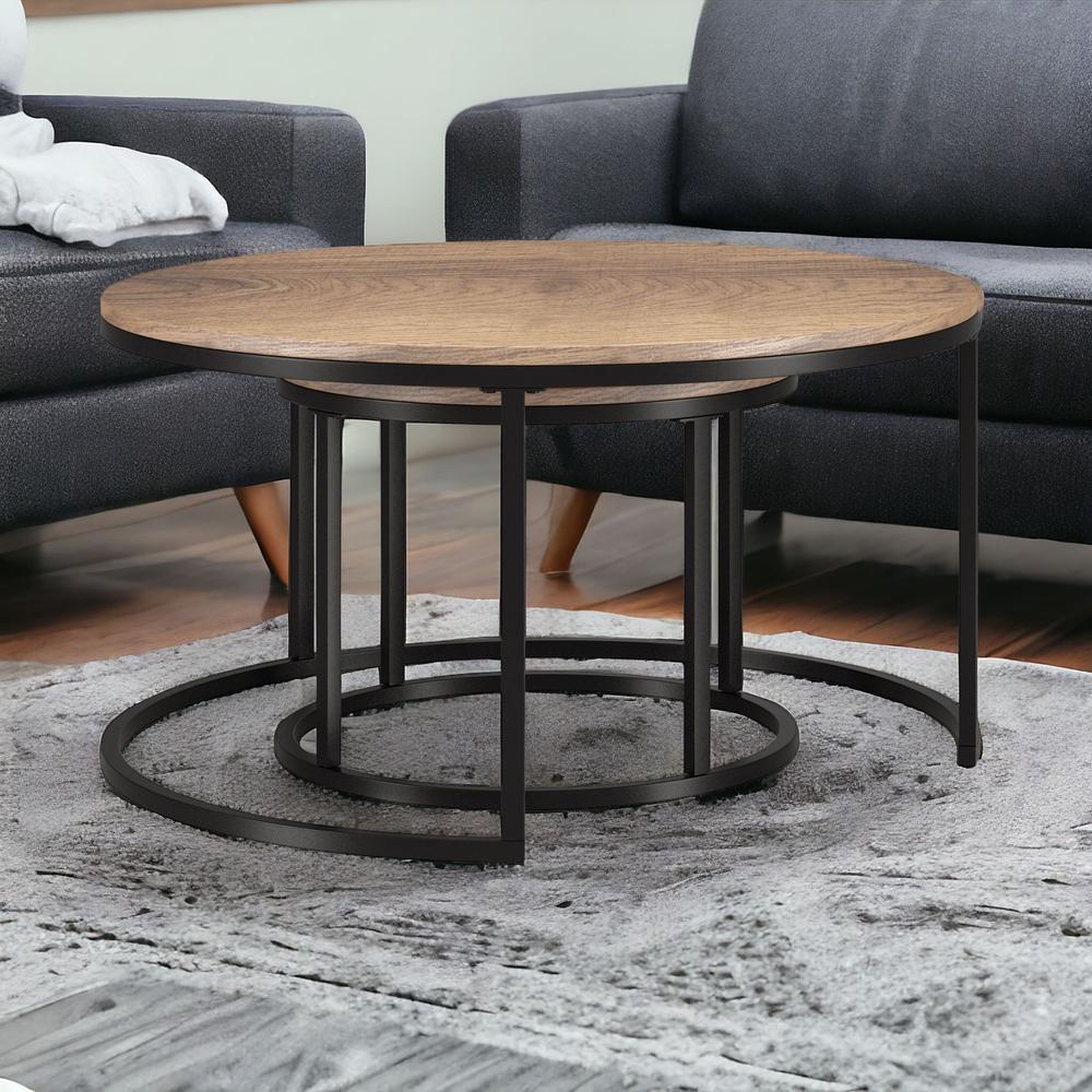 Set of Two 35" Brown And Black Steel Round Nested Coffee Tables. Picture 2