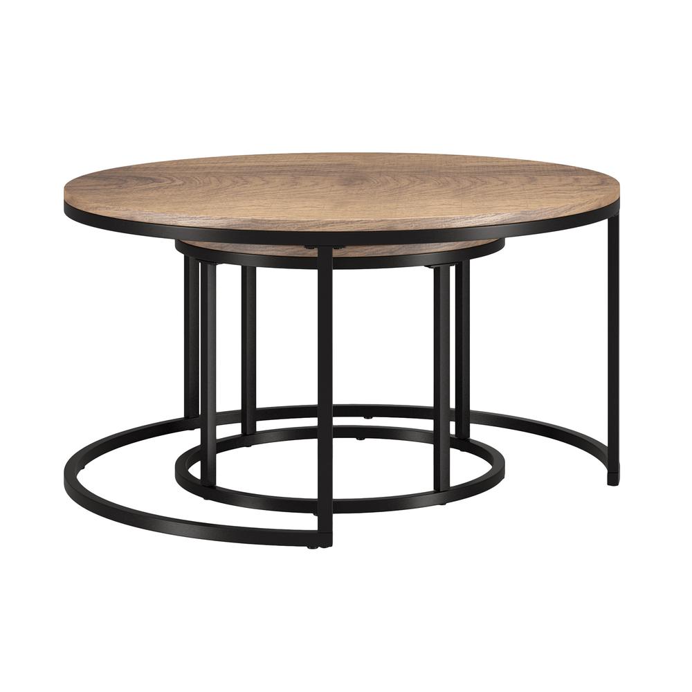 Set of Two 35" Brown And Black Steel Round Nested Coffee Tables. Picture 1