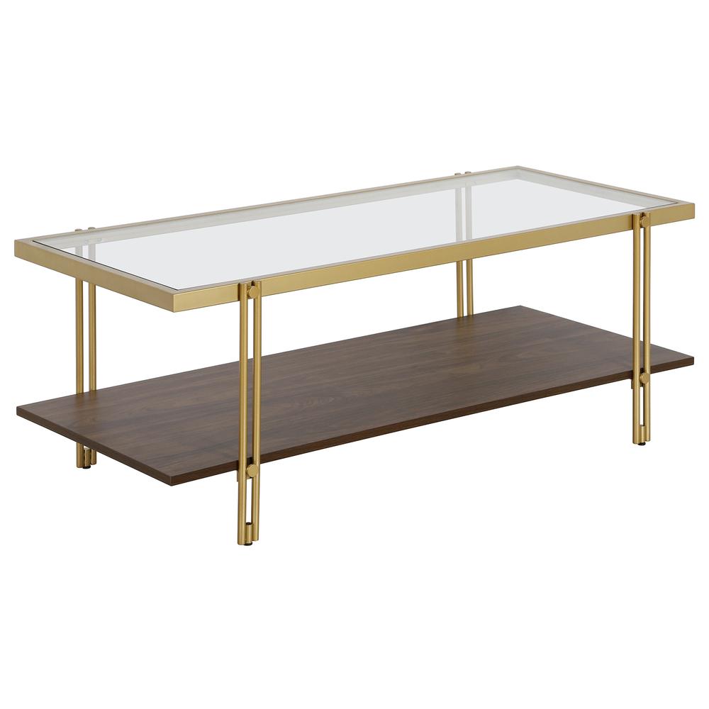45" Brown And Gold Glass And Steel Coffee Table With Shelf. Picture 1