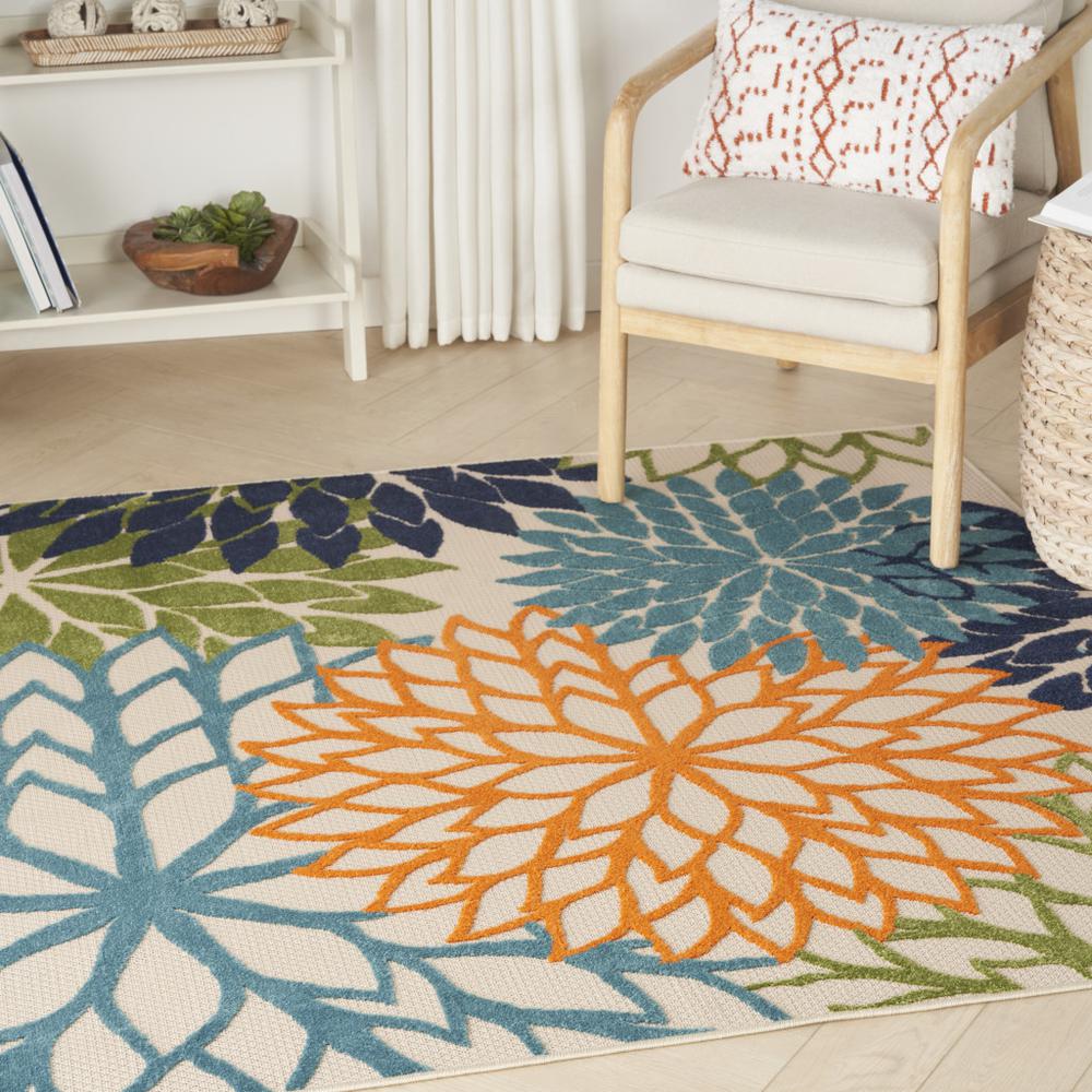 5' Blue And Green Square Floral Power Loom Stain Resistant Area Rug. Picture 8