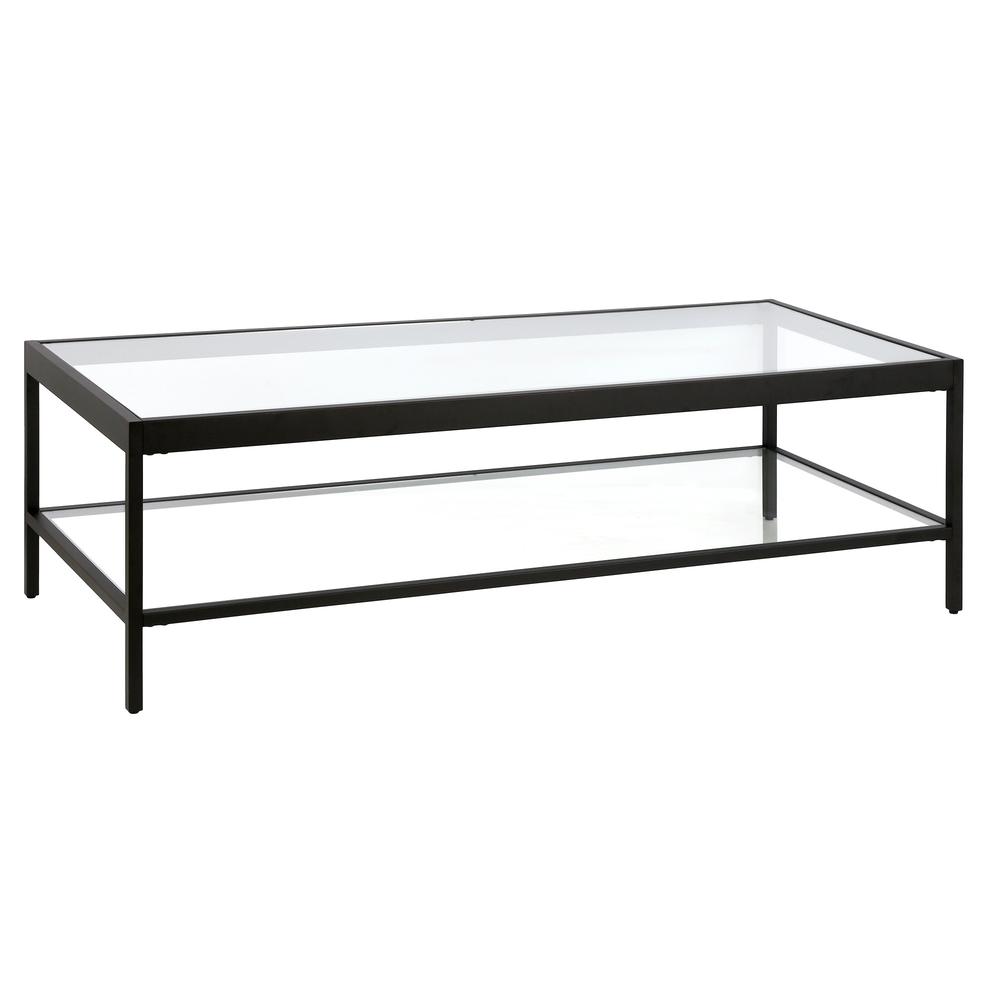 54" Black Glass And Steel Coffee Table With Shelf. Picture 1