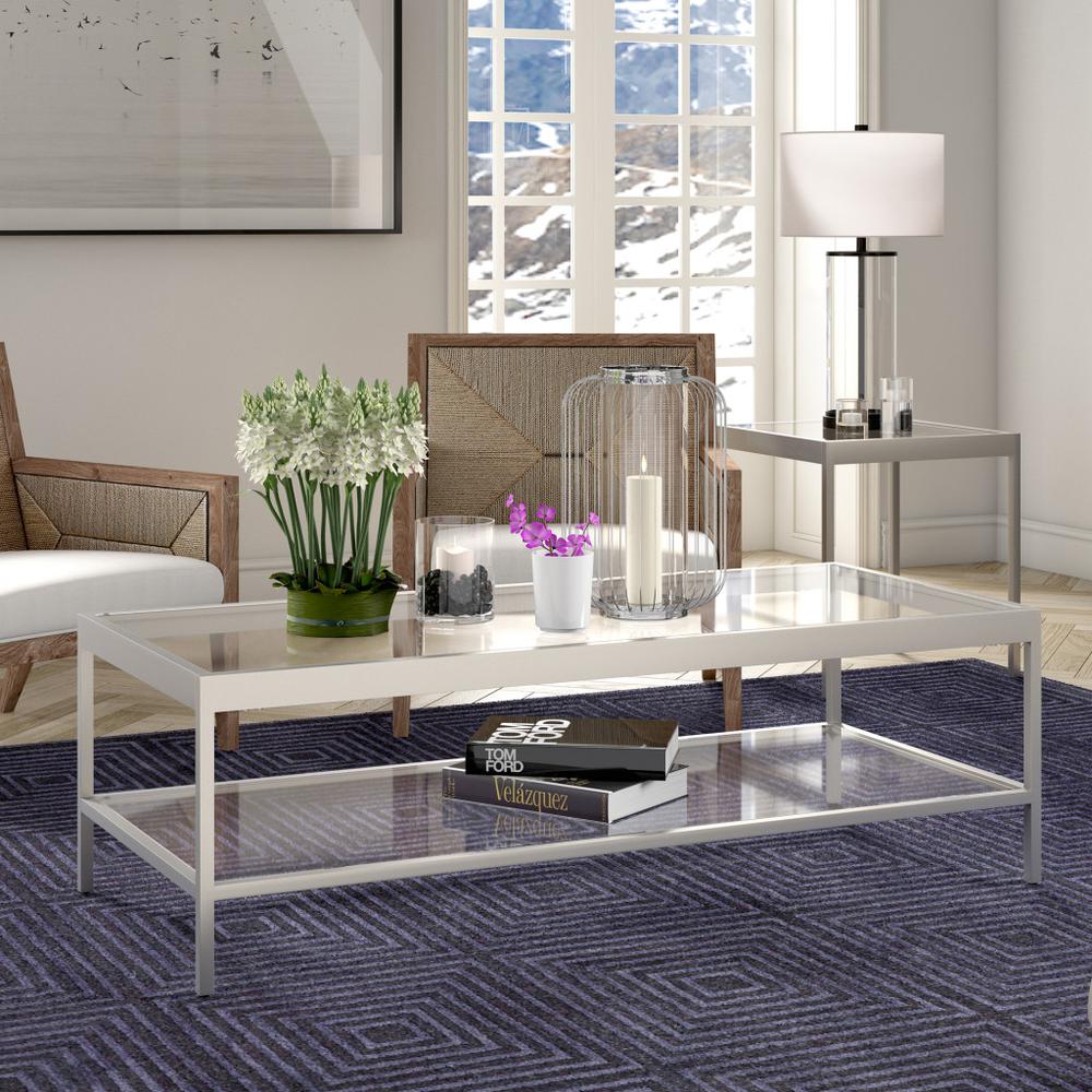 54" Silver Glass And Steel Coffee Table With Shelf. Picture 6