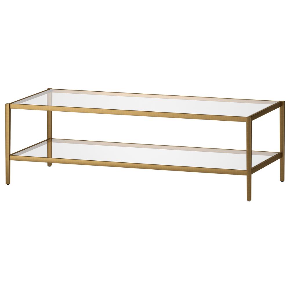 54" Clear And Gold Glass And Steel Coffee Table With Shelf. Picture 4