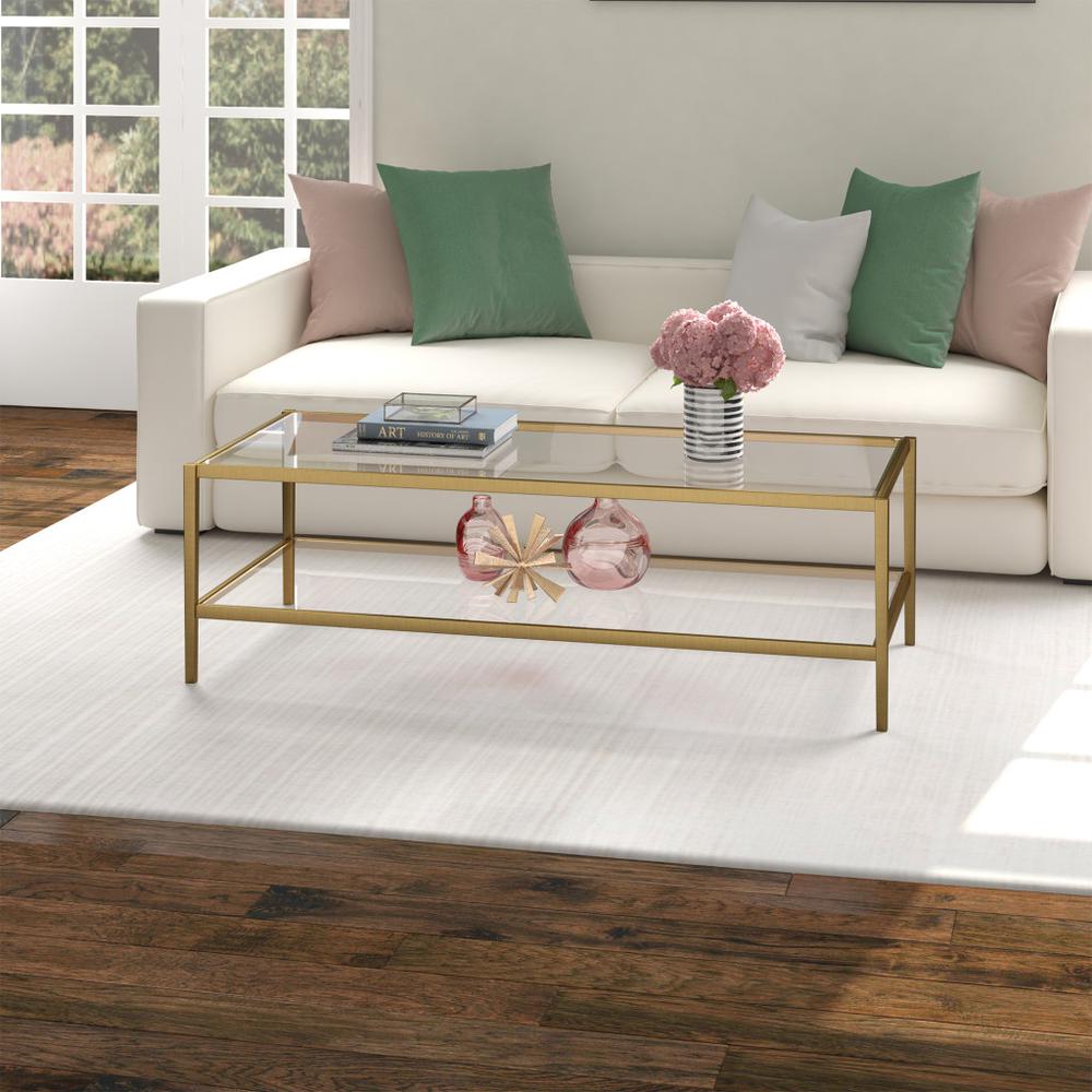 54" Clear And Gold Glass And Steel Coffee Table With Shelf. Picture 7