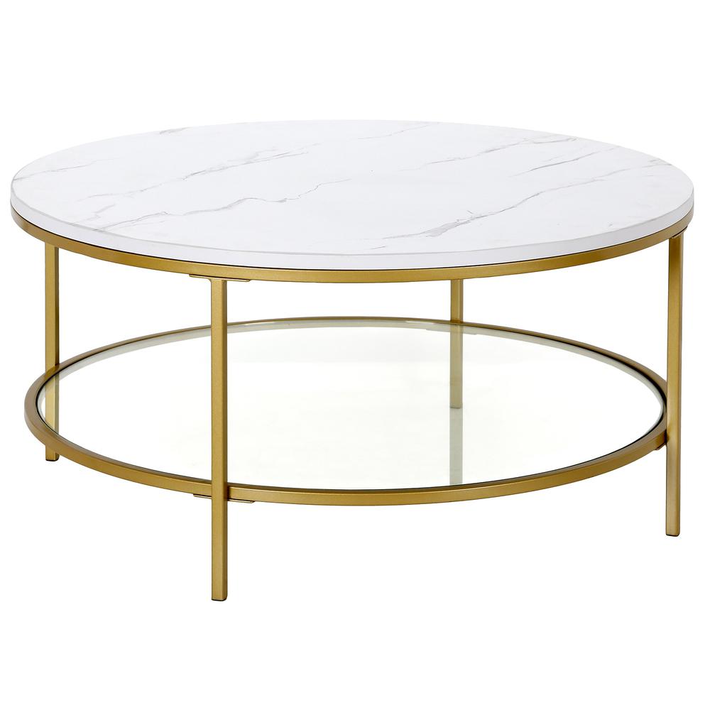 36" Gold Faux Marble And Steel Round Coffee Table With Shelf. Picture 1