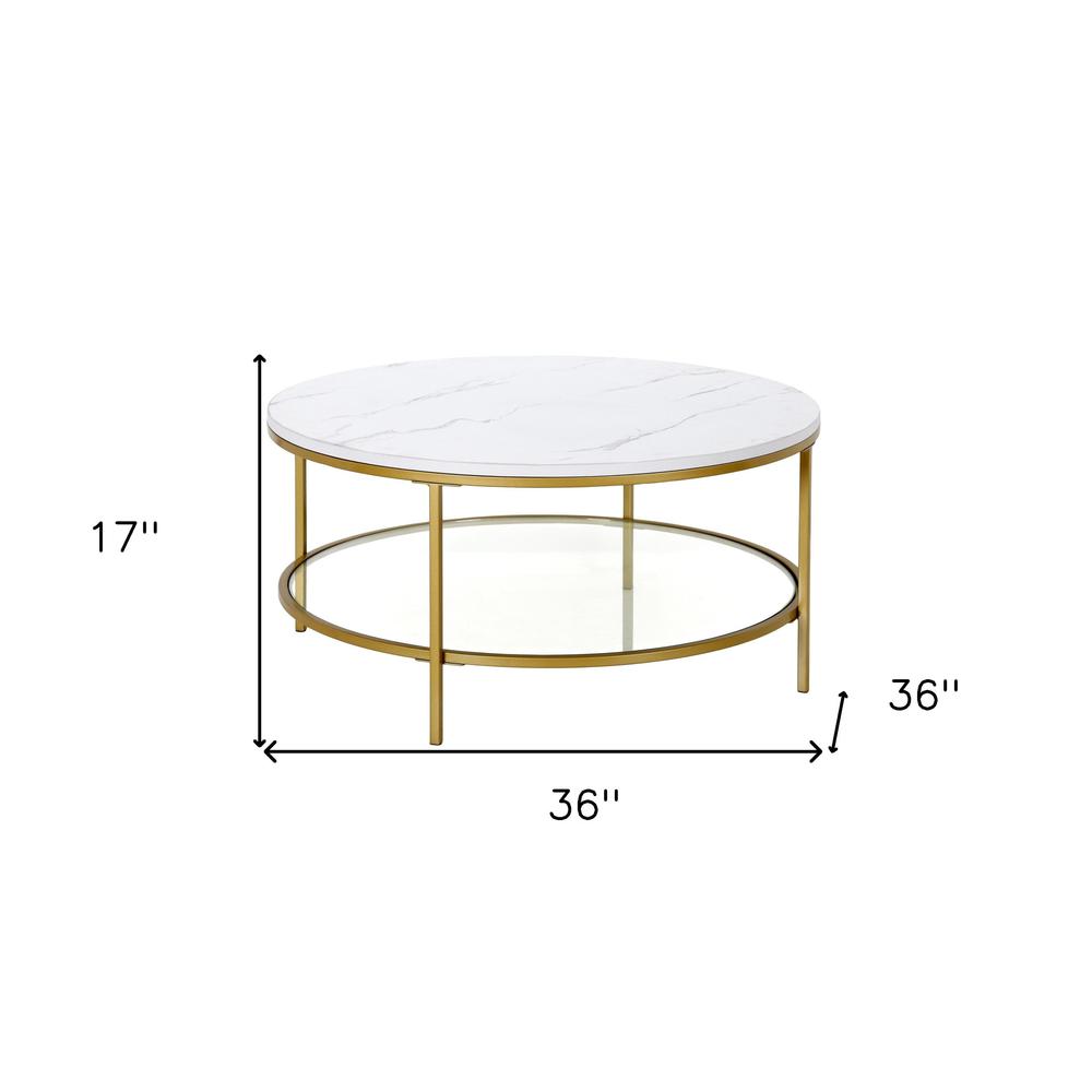 36" Gold Faux Marble And Steel Round Coffee Table With Shelf. Picture 5