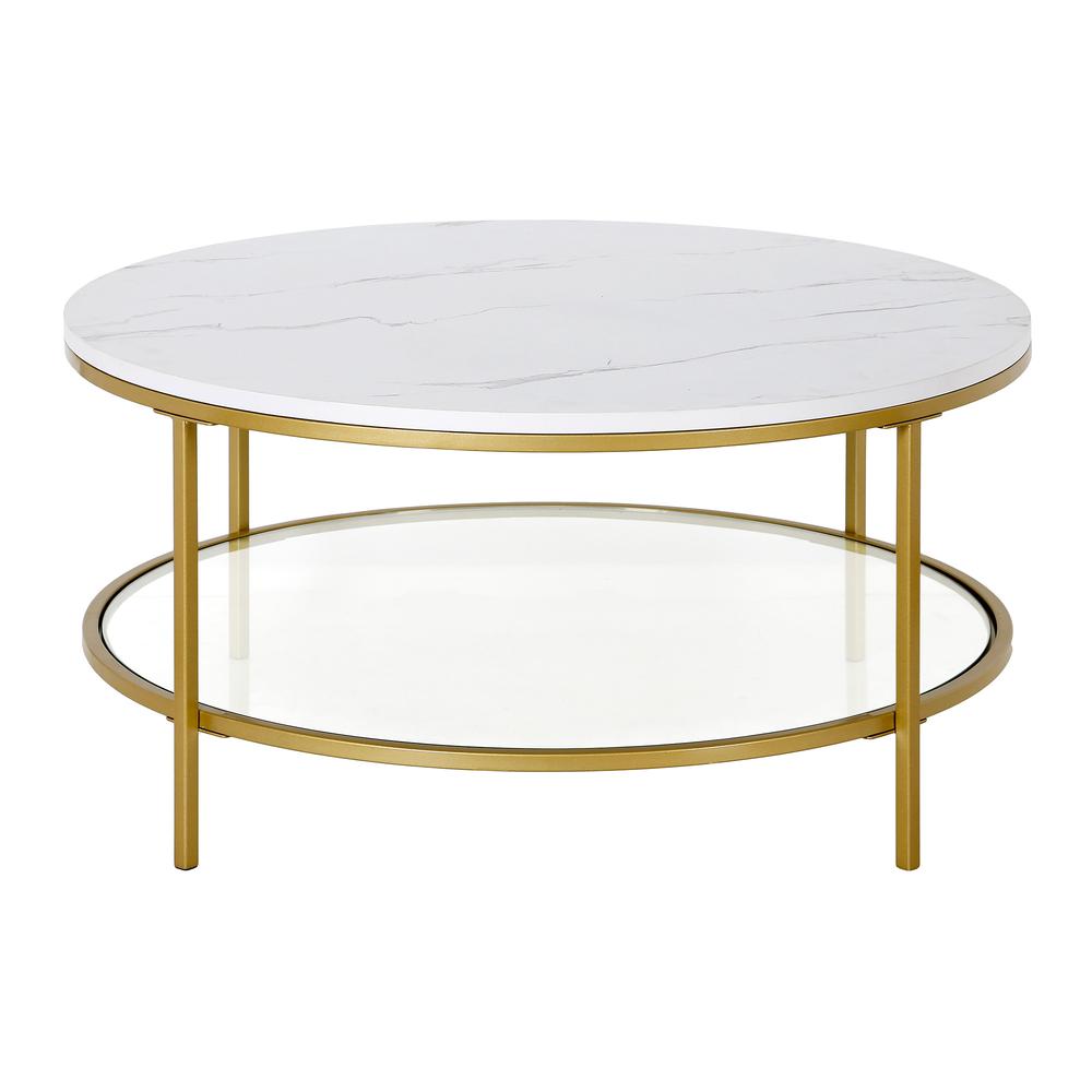 36" Gold Faux Marble And Steel Round Coffee Table With Shelf. Picture 2