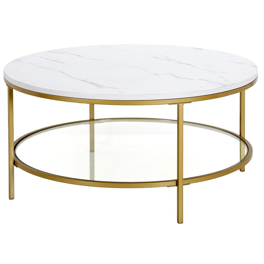 36" Gold Faux Marble And Steel Round Coffee Table With Shelf. Picture 3