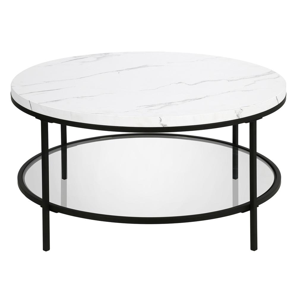 36" Black Faux Marble And Steel Round Coffee Table With Shelf. Picture 1