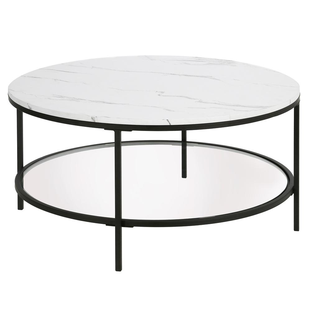 36" Black Faux Marble And Steel Round Coffee Table With Shelf. Picture 2