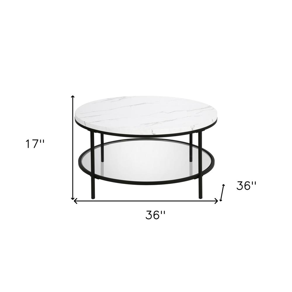 36" Black Faux Marble And Steel Round Coffee Table With Shelf. Picture 6