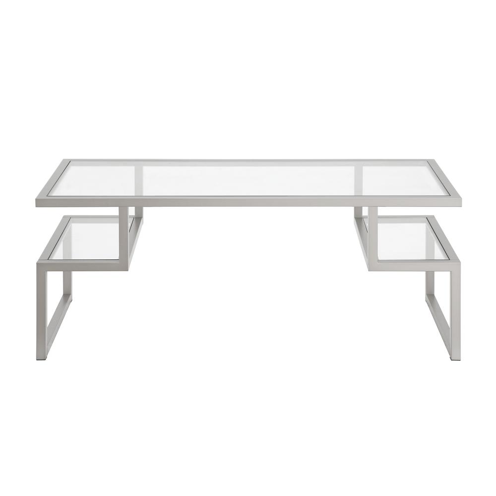 45" Silver Glass And Steel Coffee Table With Two Shelves. Picture 2