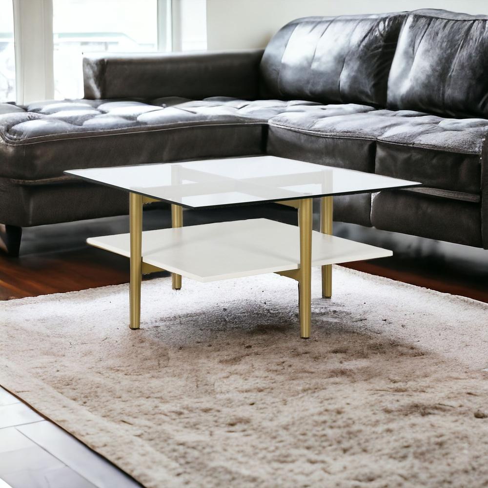 32" White And Gold Glass And Steel Square Coffee Table With Shelf. Picture 2