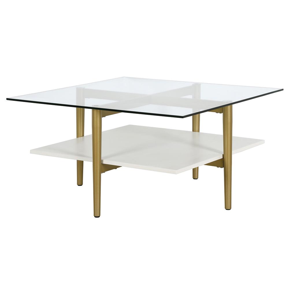 32" White And Gold Glass And Steel Square Coffee Table With Shelf. Picture 4