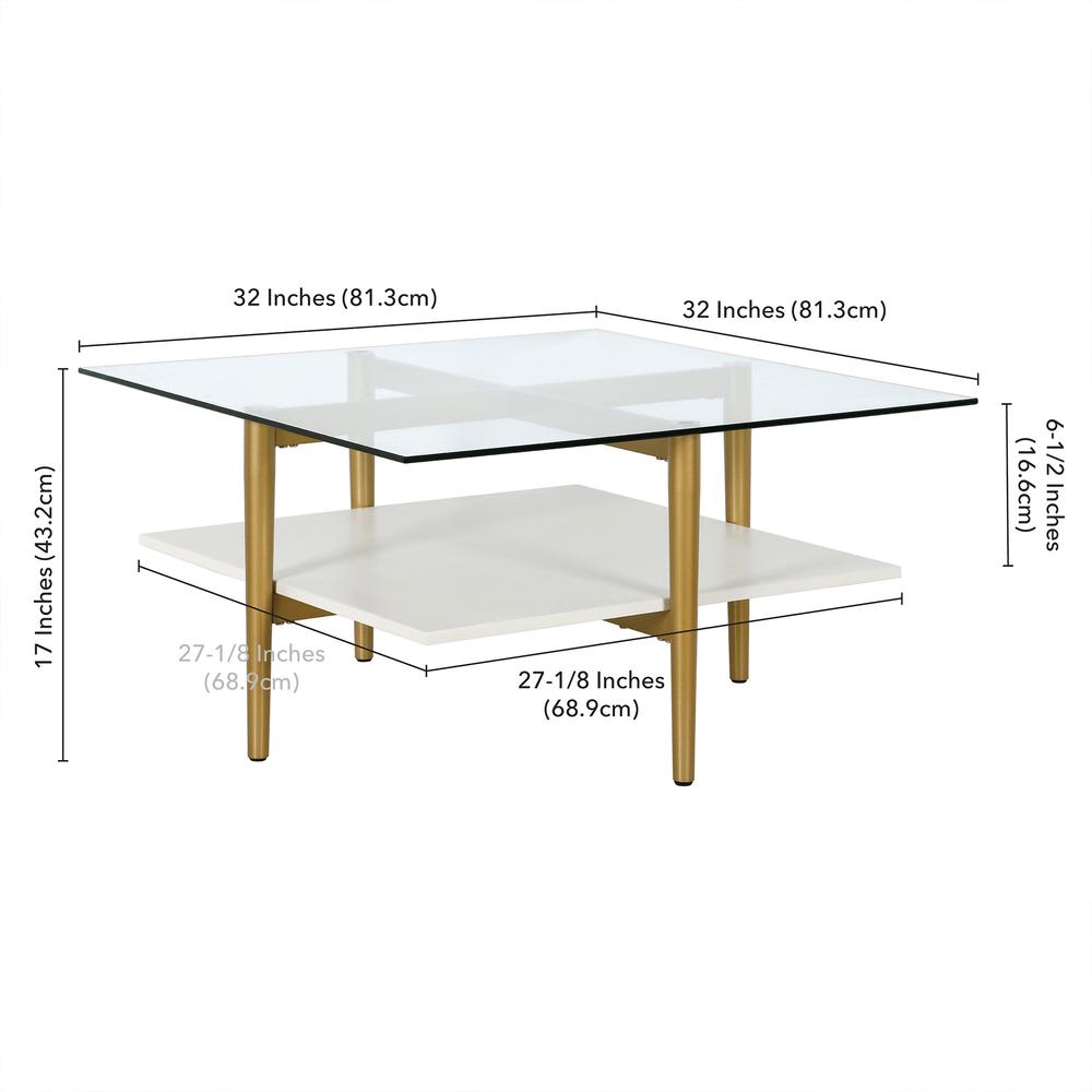 32" White And Gold Glass And Steel Square Coffee Table With Shelf. Picture 8