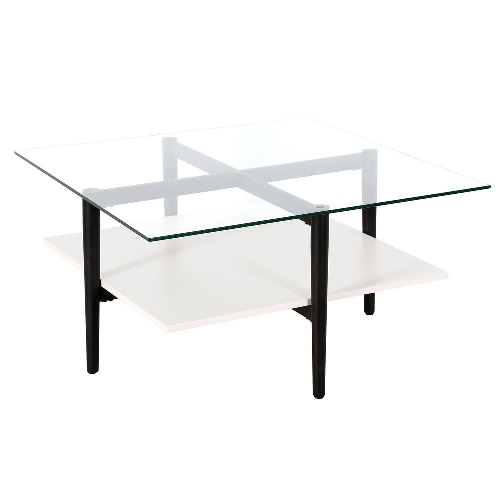 32" White And Black Glass And Steel Square Coffee Table With Shelf. Picture 1