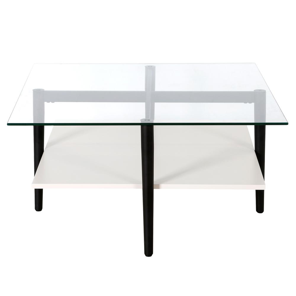 32" White And Black Glass And Steel Square Coffee Table With Shelf. Picture 3