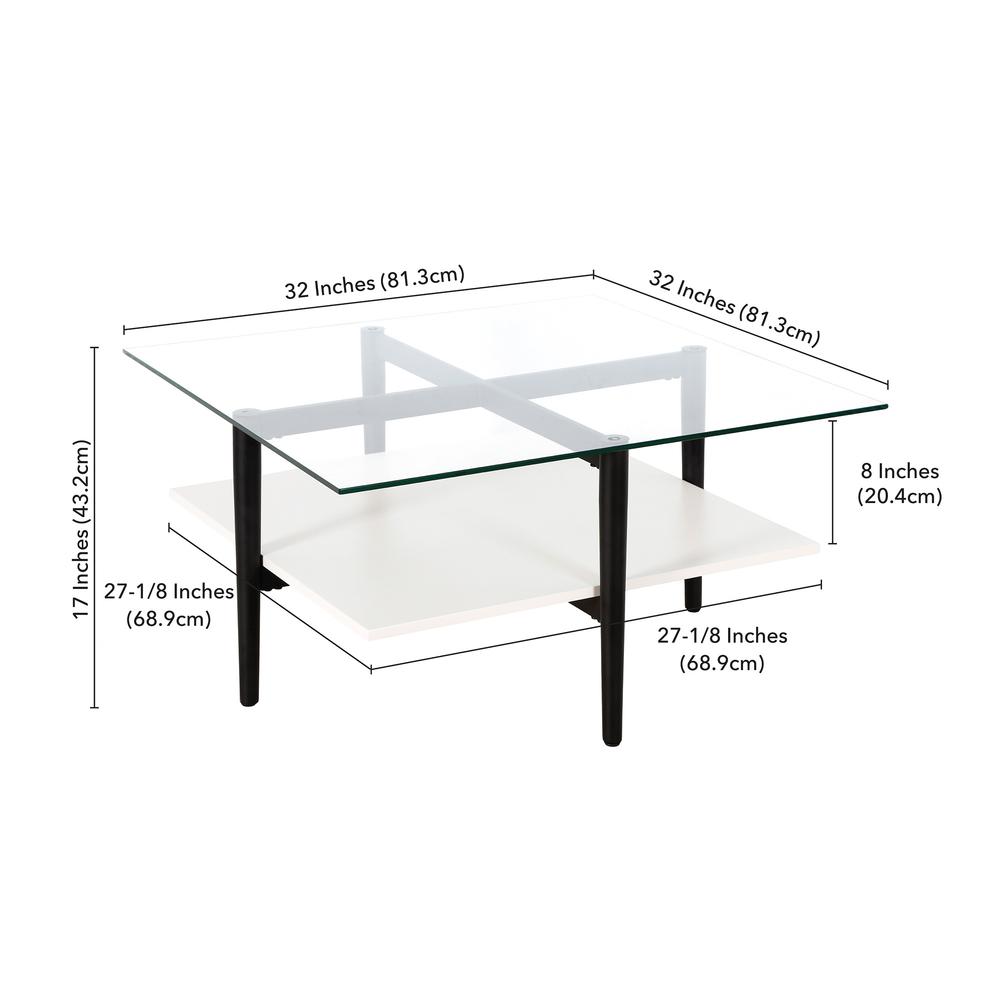 32" White And Black Glass And Steel Square Coffee Table With Shelf. Picture 8