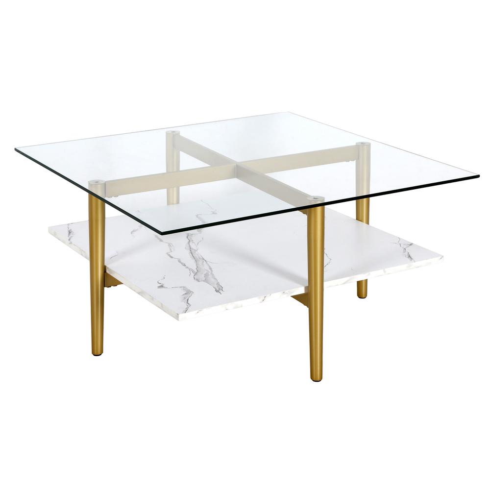 32" White And Gold Glass And Steel Square Coffee Table With Shelf. Picture 1