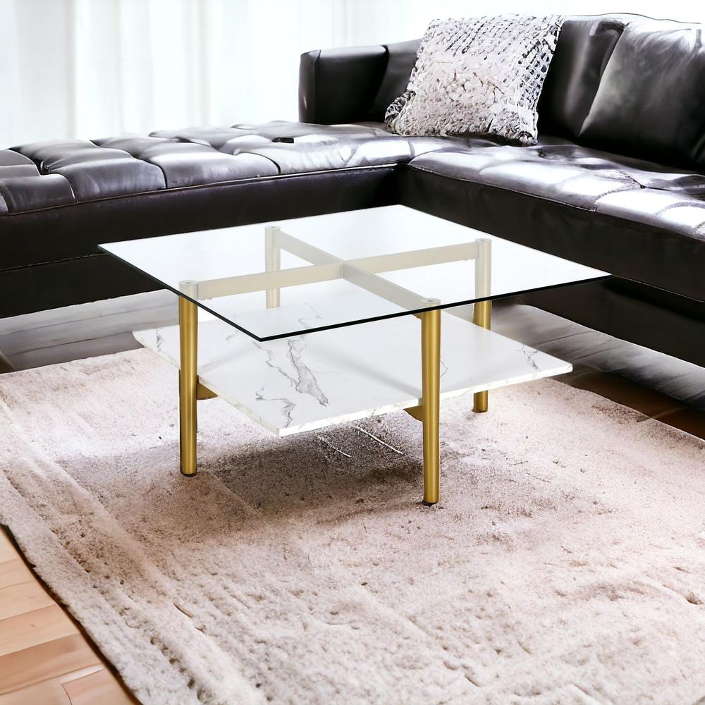 32" White And Gold Glass And Steel Square Coffee Table With Shelf. Picture 2