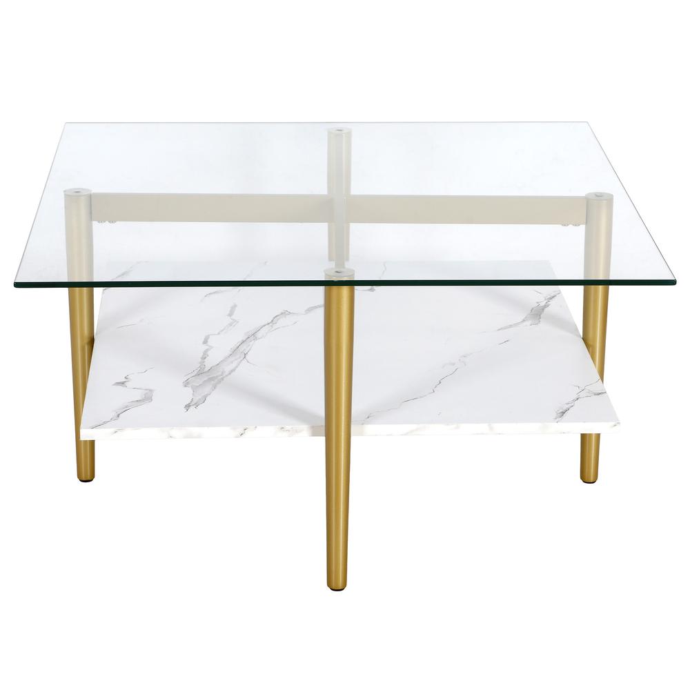 32" White And Gold Glass And Steel Square Coffee Table With Shelf. Picture 3