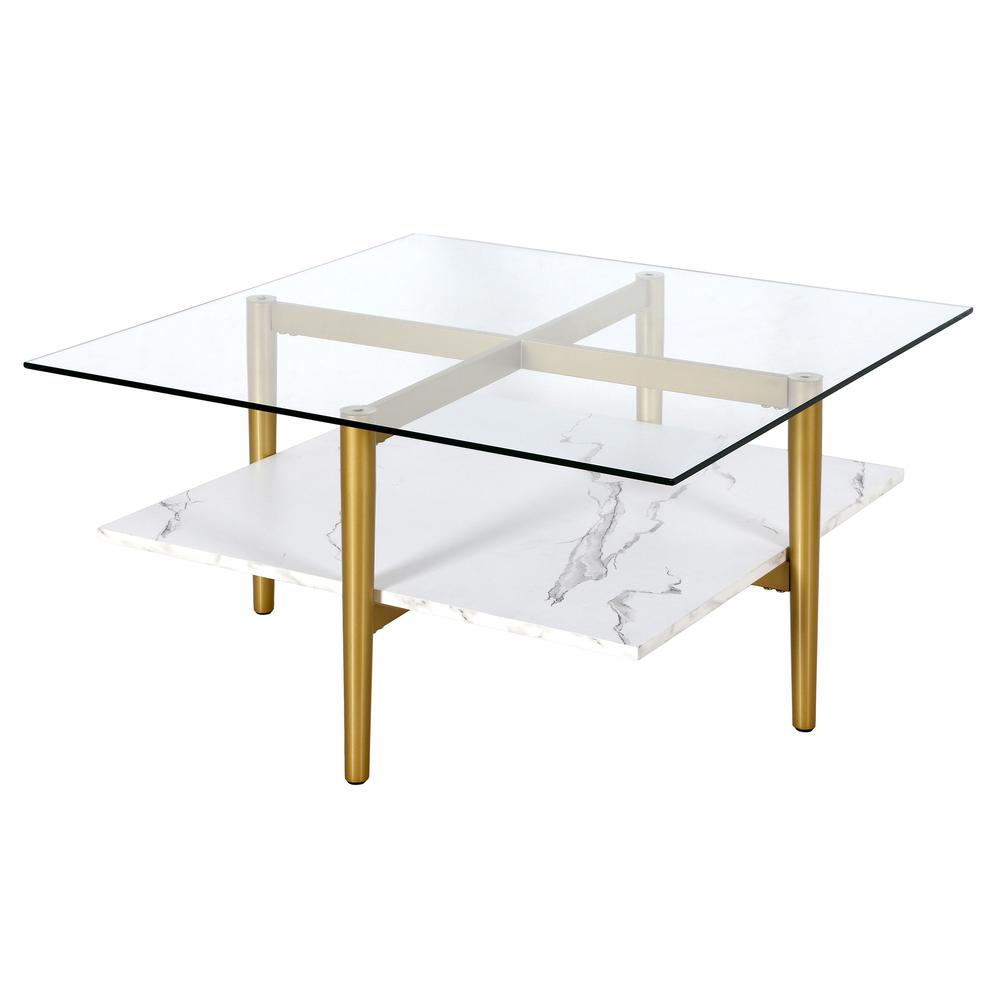 32" White And Gold Glass And Steel Square Coffee Table With Shelf. Picture 4