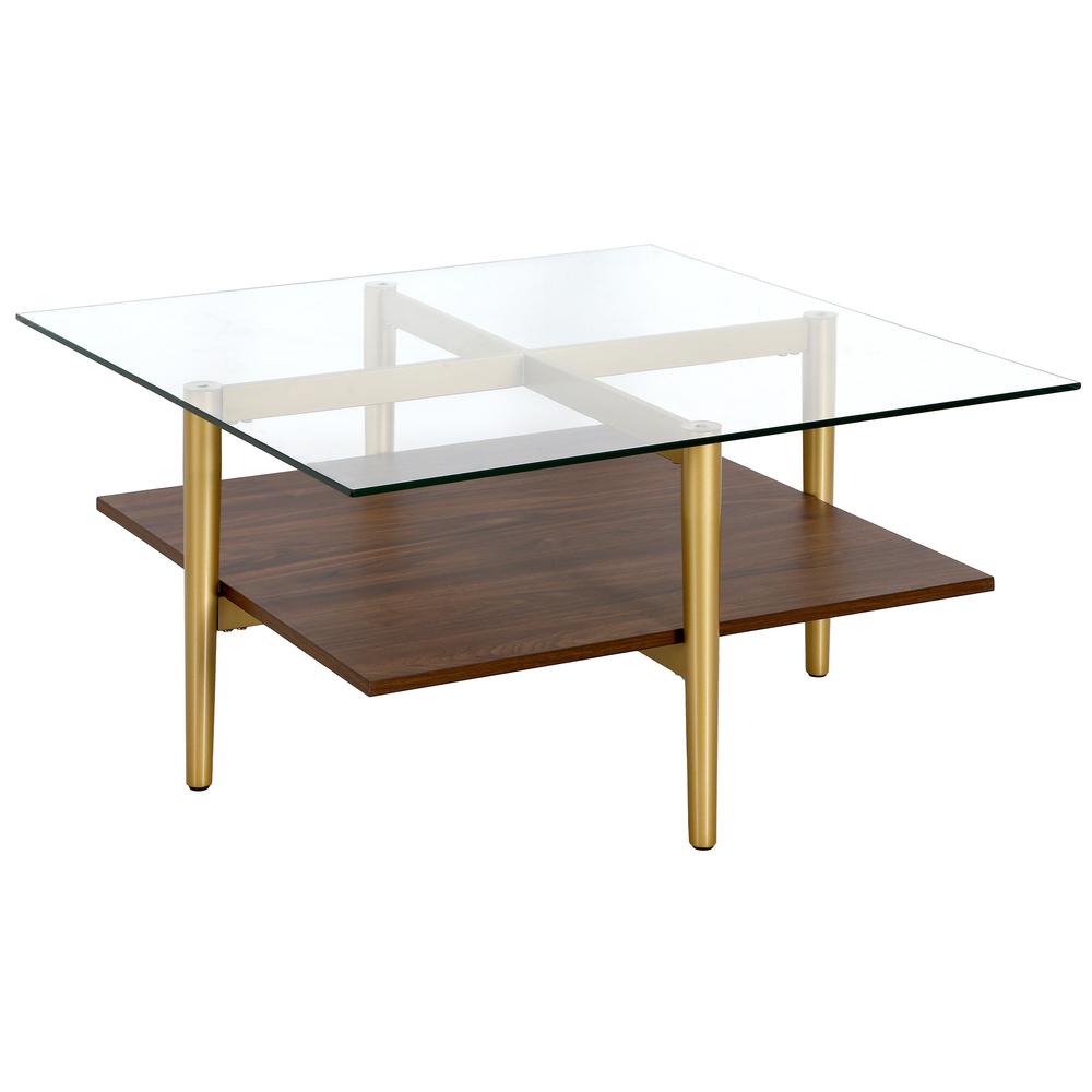 32" Brown And Gold Glass And Steel Square Coffee Table With Shelf. Picture 1