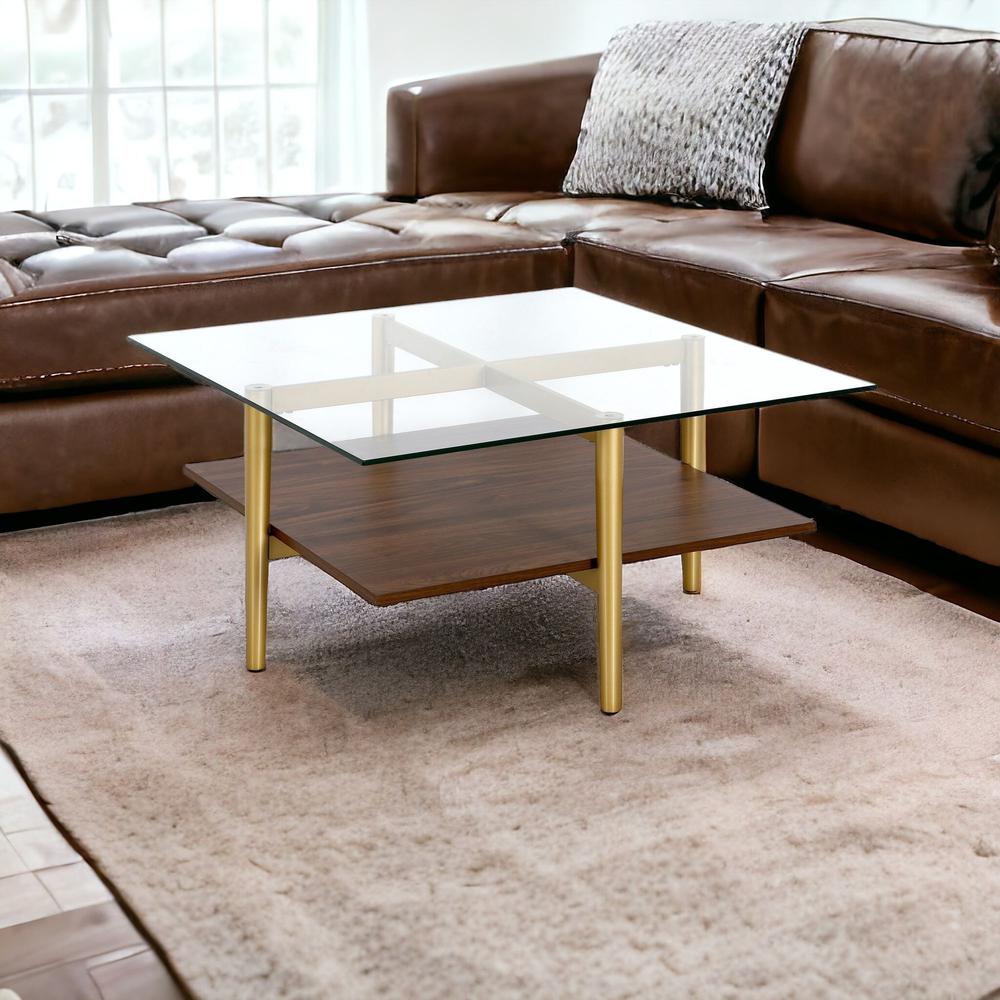 32" Brown And Gold Glass And Steel Square Coffee Table With Shelf. Picture 2