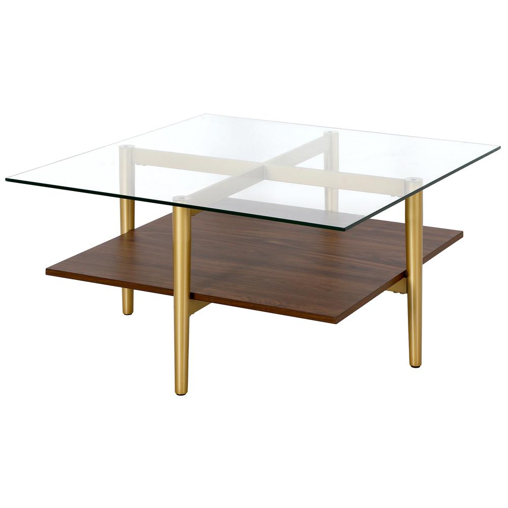 32" Brown And Gold Glass And Steel Square Coffee Table With Shelf. Picture 4