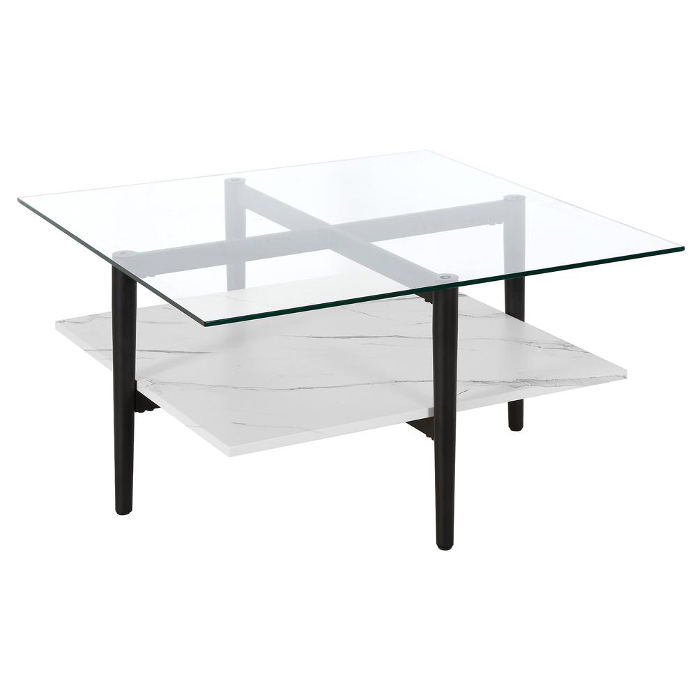 32" White And Black Glass And Steel Square Coffee Table With Shelf. Picture 1