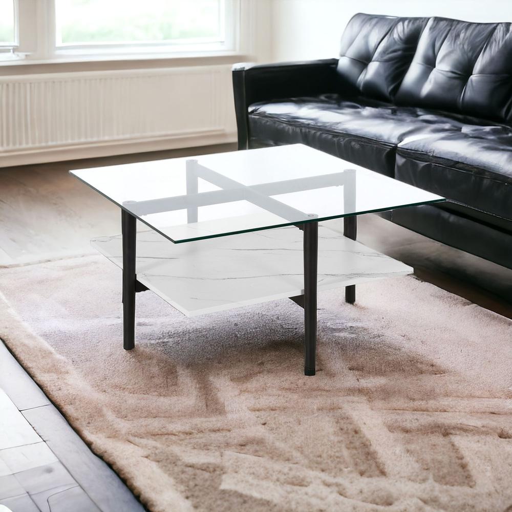 32" White And Black Glass And Steel Square Coffee Table With Shelf. Picture 2