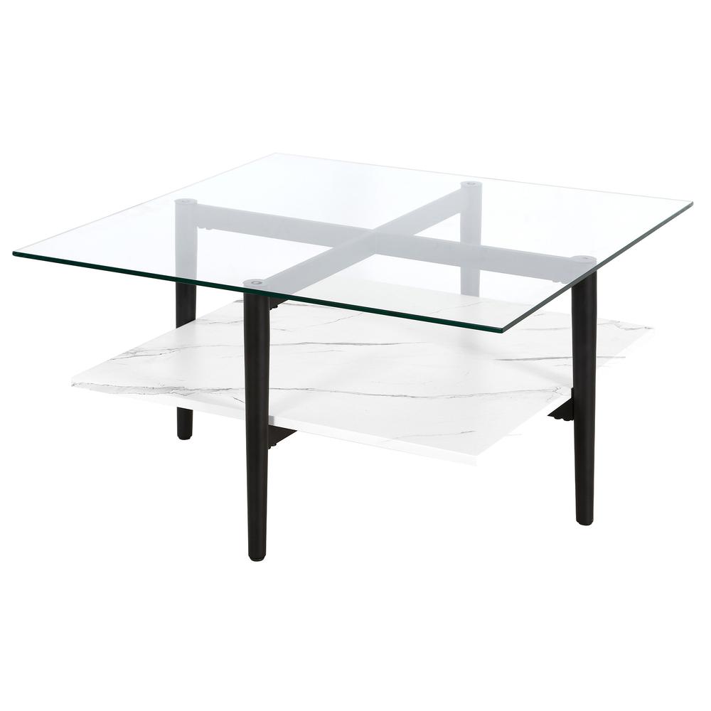 32" White And Black Glass And Steel Square Coffee Table With Shelf. Picture 4