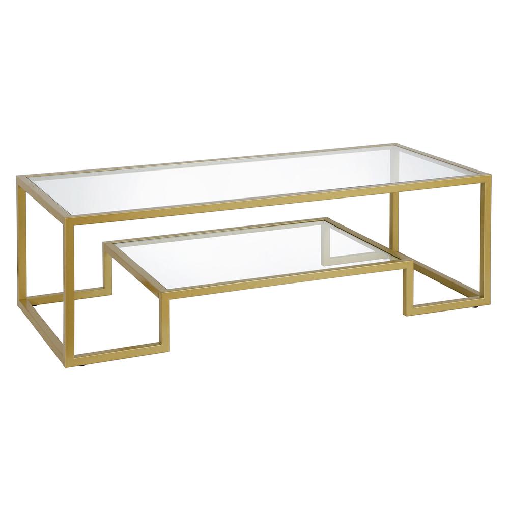 54" Gold Glass And Steel Coffee Table With Shelf. Picture 1