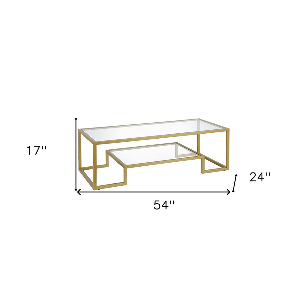 54" Gold Glass And Steel Coffee Table With Shelf. Picture 5