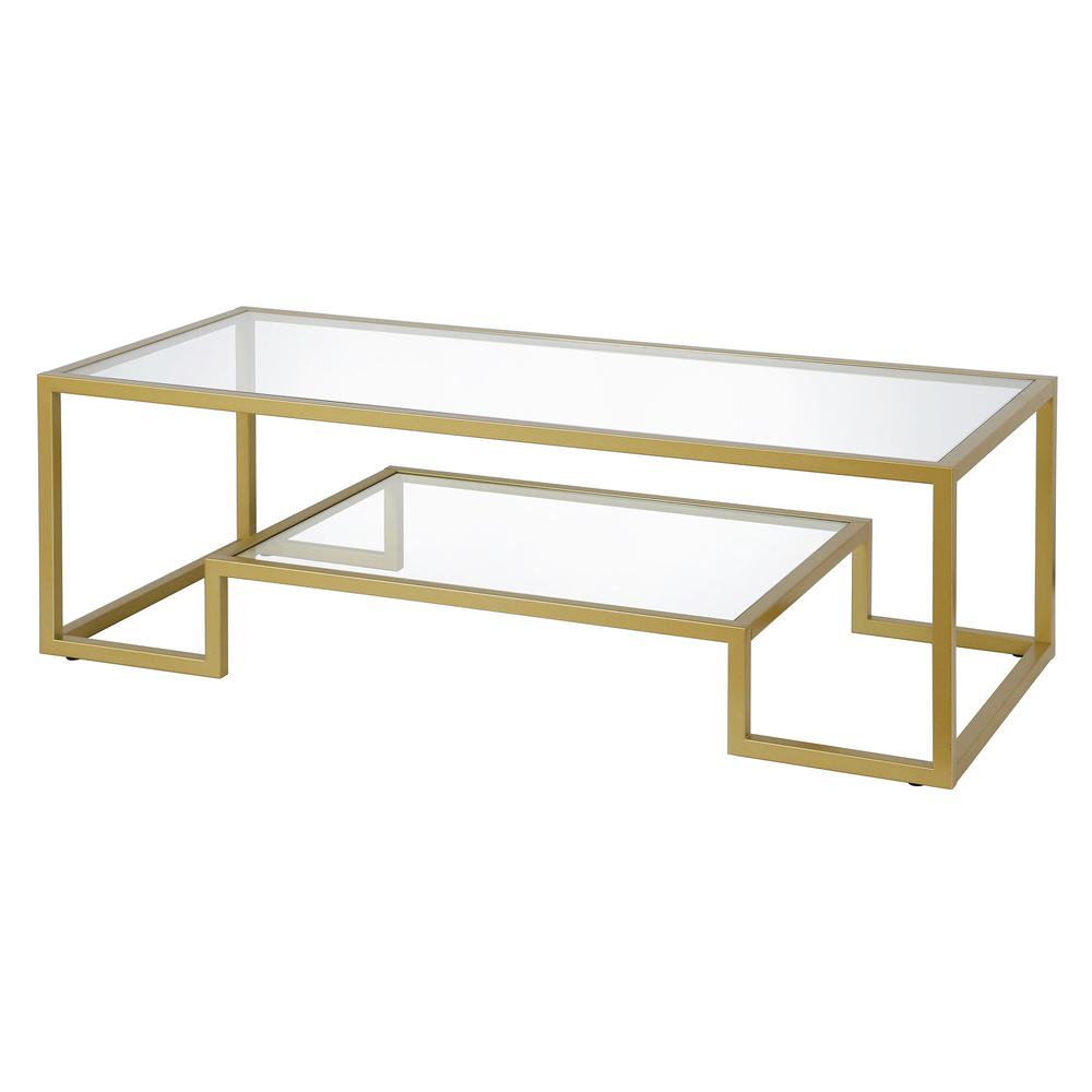 54" Gold Glass And Steel Coffee Table With Shelf. Picture 3