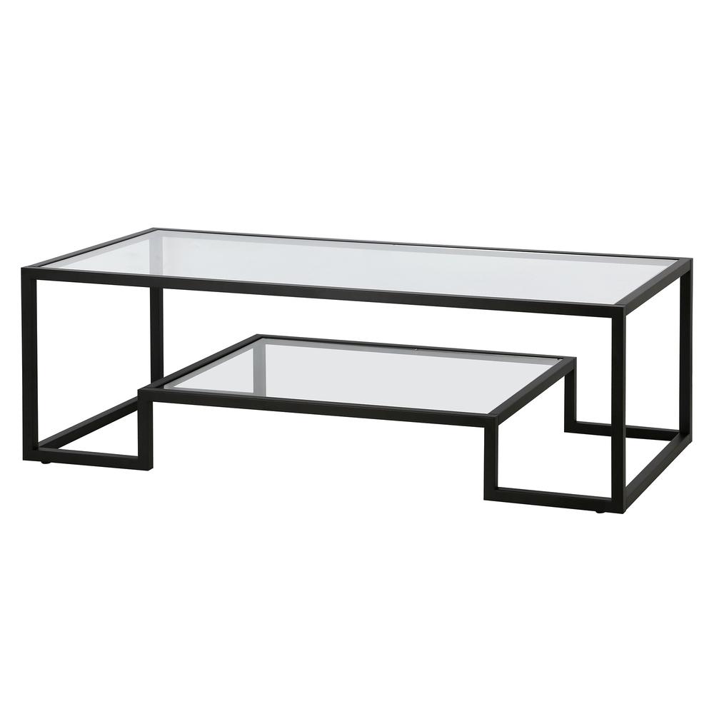 54" Black Glass And Steel Coffee Table With Shelf. Picture 3