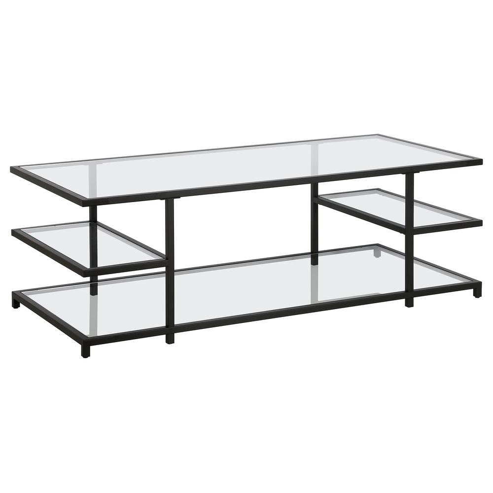 54" Black Glass And Steel Coffee Table With Three Shelves. Picture 1