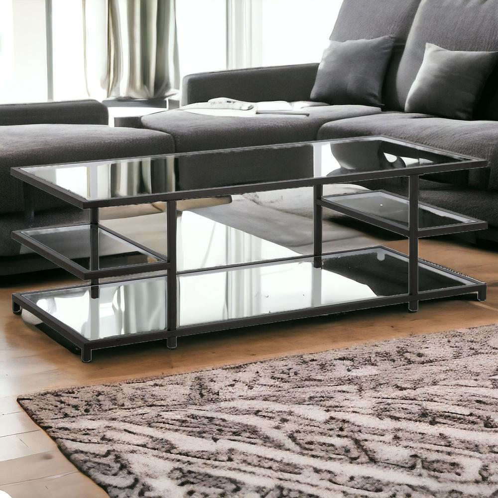 54" Black Glass And Steel Coffee Table With Three Shelves. Picture 2