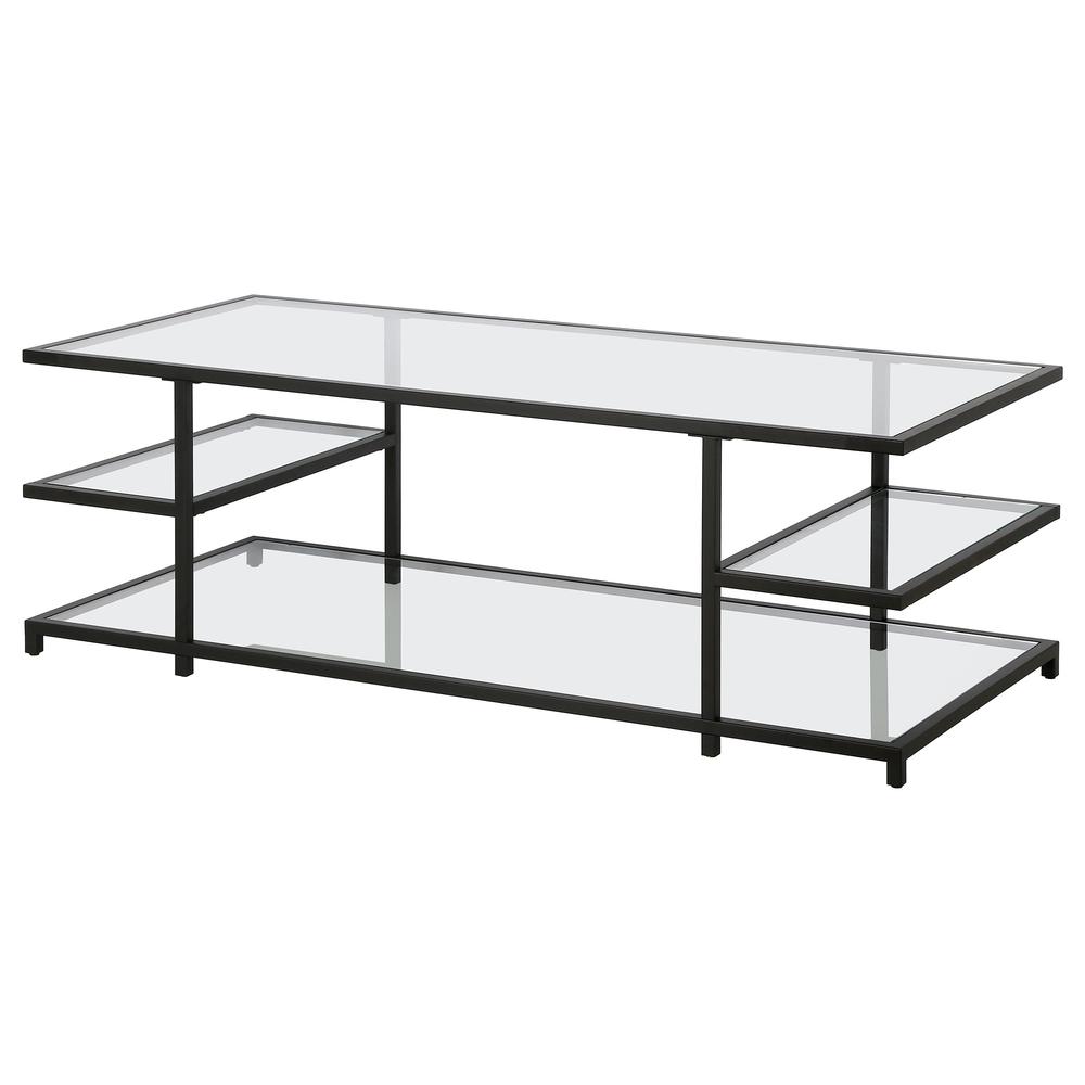 54" Black Glass And Steel Coffee Table With Three Shelves. Picture 4