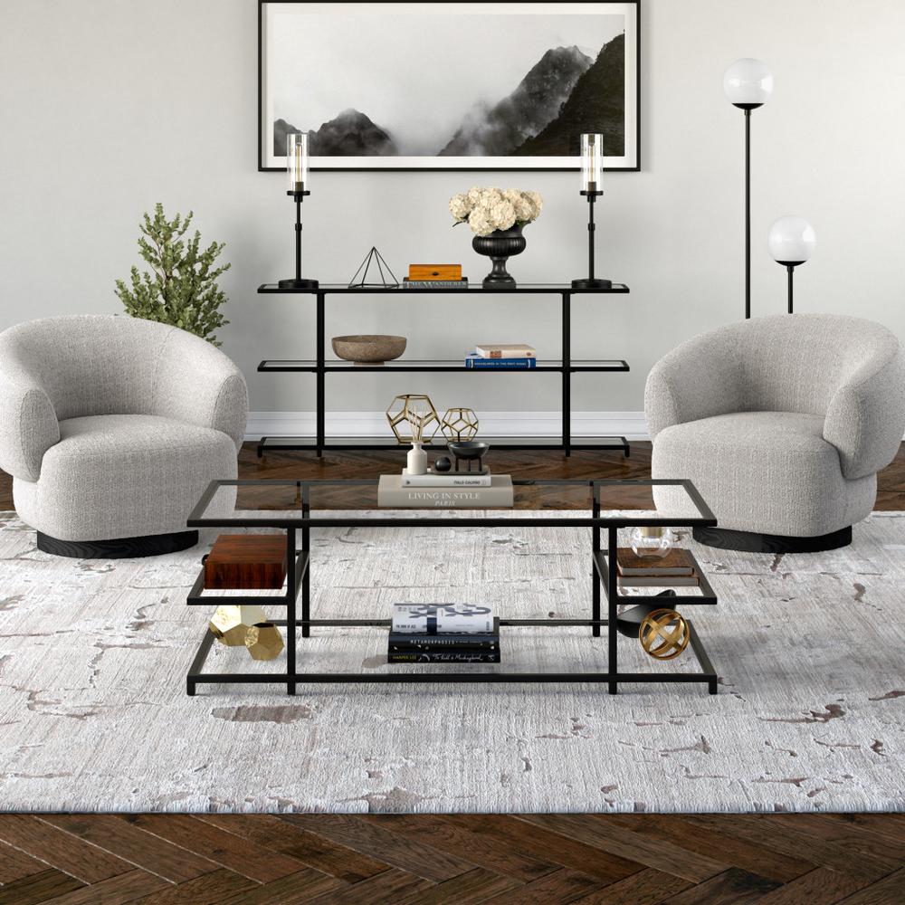 54" Black Glass And Steel Coffee Table With Three Shelves. Picture 6