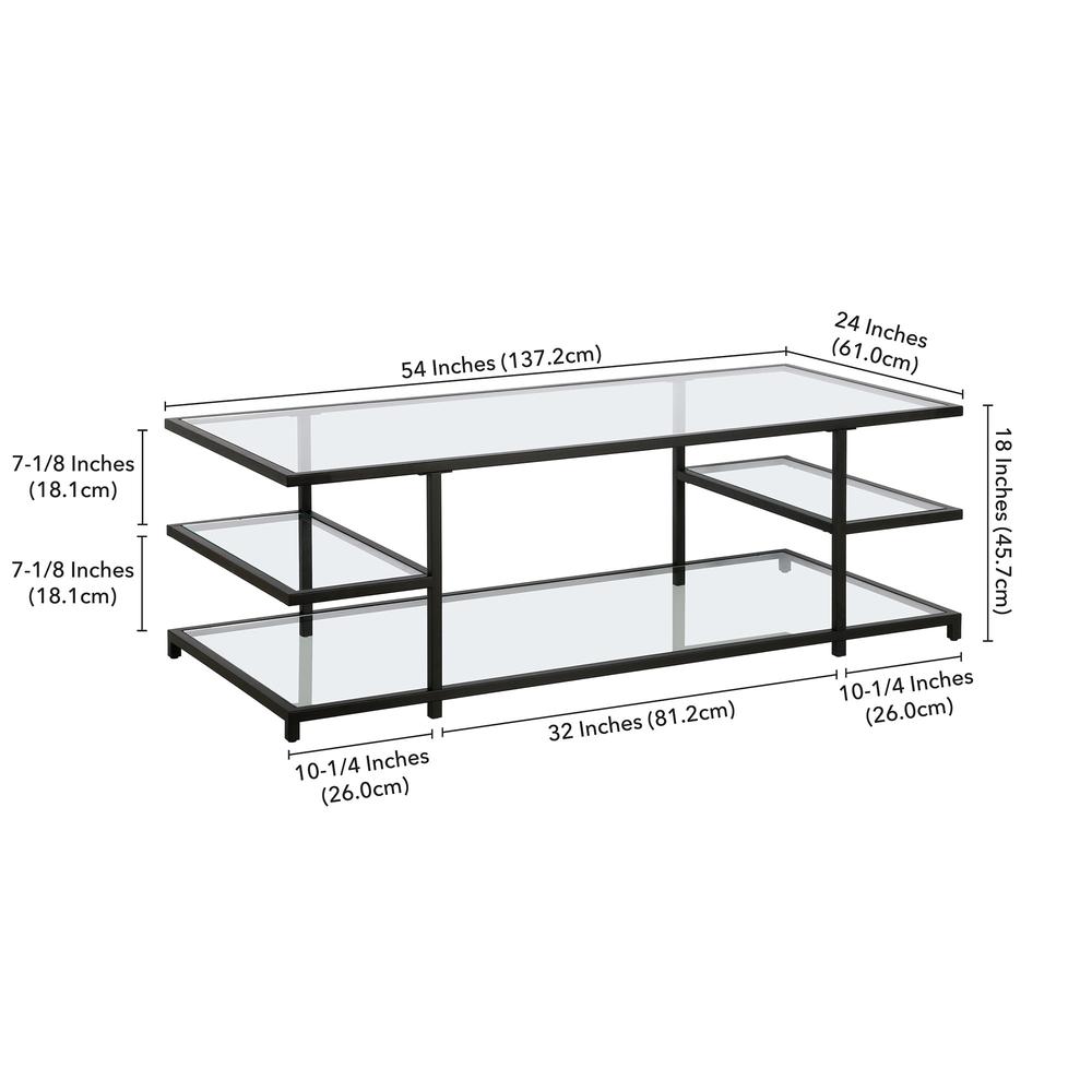 54" Black Glass And Steel Coffee Table With Three Shelves. Picture 8