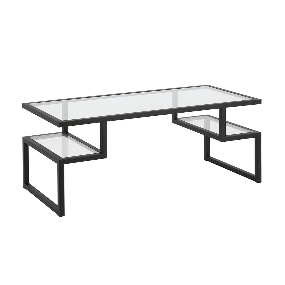 45" Black Glass And Steel Coffee Table With Two Shelves. Picture 1
