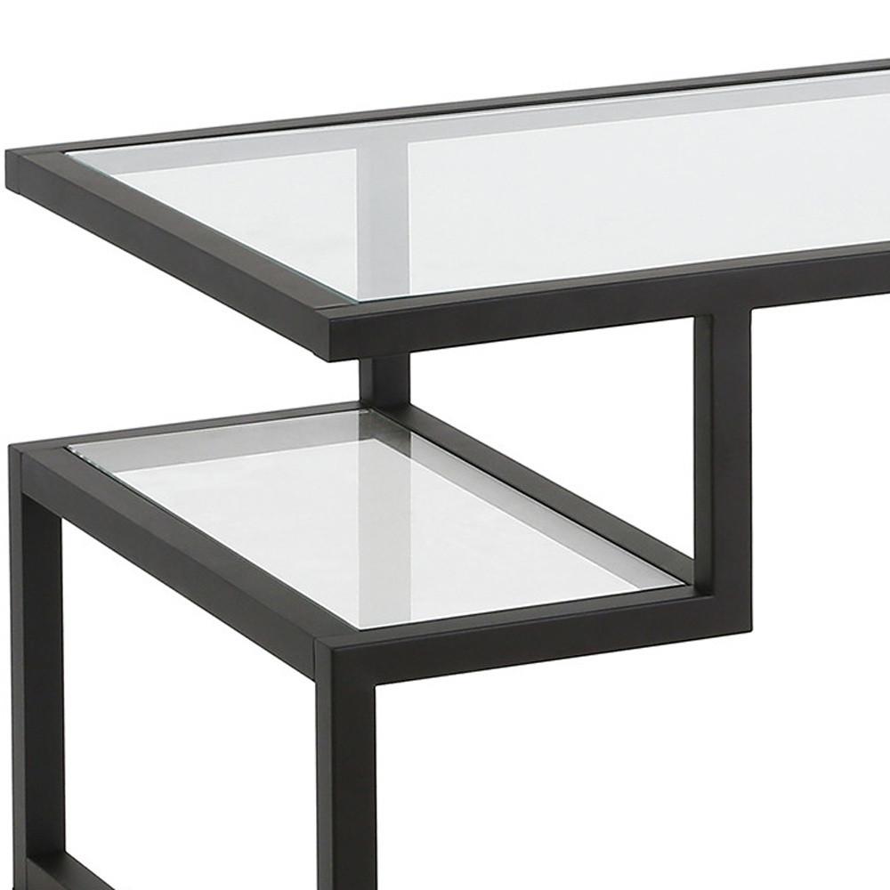 45" Black Glass And Steel Coffee Table With Two Shelves. Picture 3